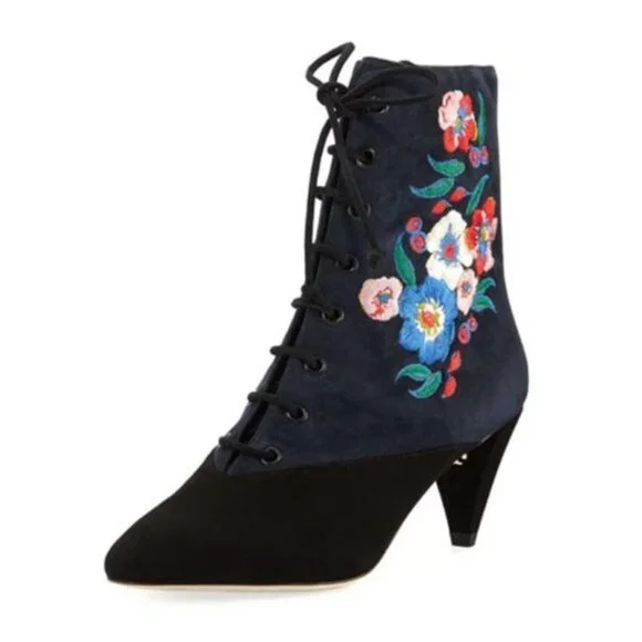 Tory Burch Cassidy Floral Embroidery Pointy Toe Boot, Size 8 M - Black